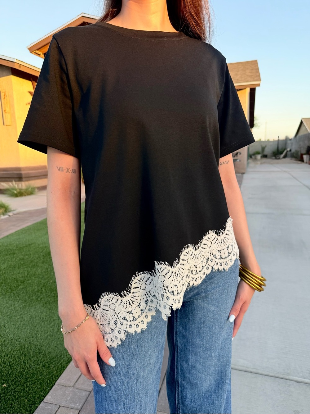 Black Short Sleeve Top with Cream Lace Hem